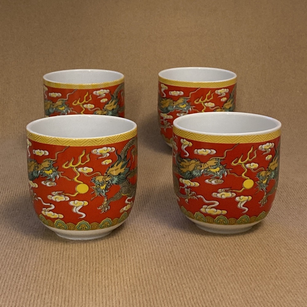 THY COLLECTIBLES Set 4 Eastern Asian Design Ceramic Tea Cups Red Dragon PreOwned